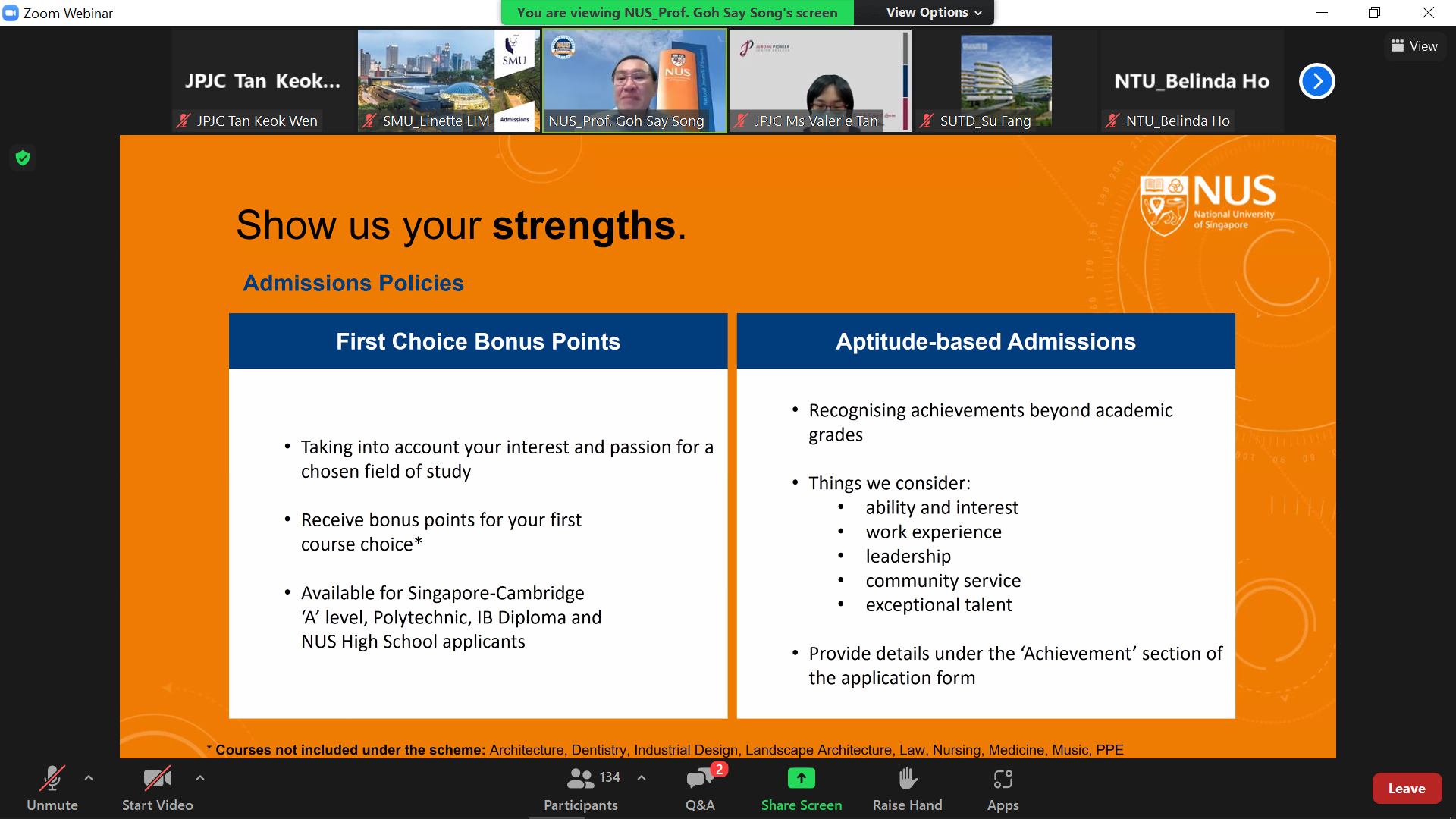 Zoom webinar showing NUS slide titled "Show us your strengths" covering Admissions Policies with two columns.